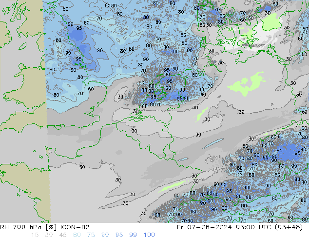 Humedad rel. 700hPa ICON-D2 vie 07.06.2024 03 UTC