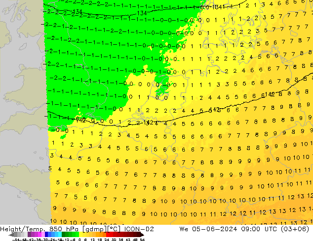 Height/Temp. 850 hPa ICON-D2 星期三 05.06.2024 09 UTC