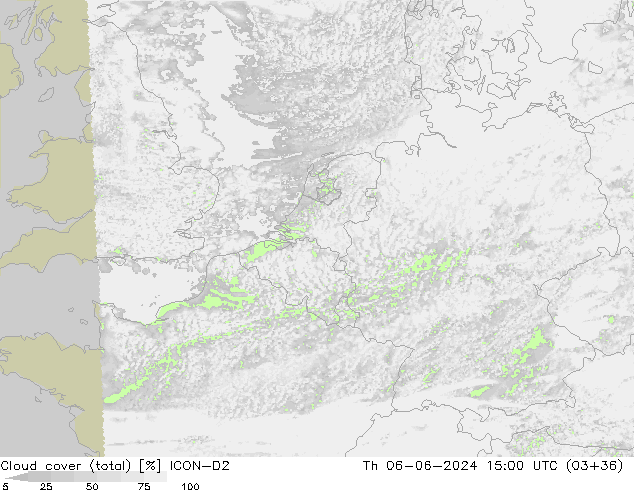 zachmurzenie (suma) ICON-D2 czw. 06.06.2024 15 UTC