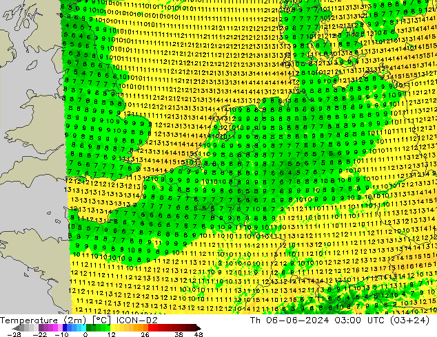 Temperaturkarte (2m) ICON-D2 Do 06.06.2024 03 UTC