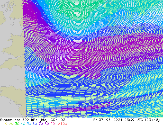 Streamlines 300 hPa ICON-D2 Fr 07.06.2024 03 UTC