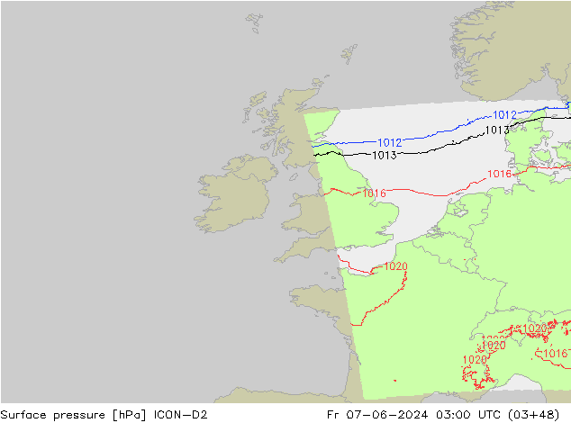 Presión superficial ICON-D2 vie 07.06.2024 03 UTC