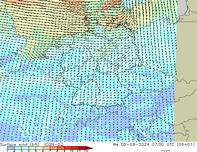 Surface wind (bft) ICON-D2 St 05.06.2024 07 UTC