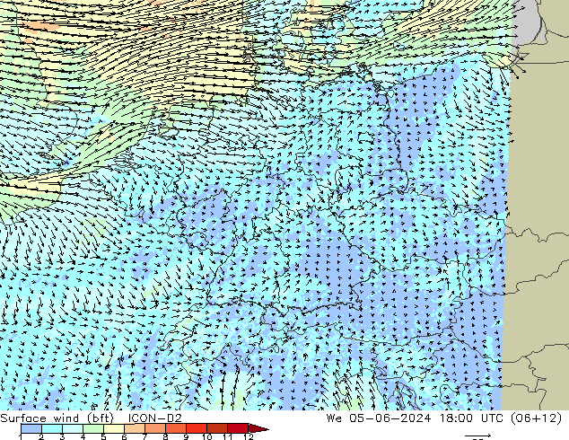 wiatr 10 m (bft) ICON-D2 śro. 05.06.2024 18 UTC