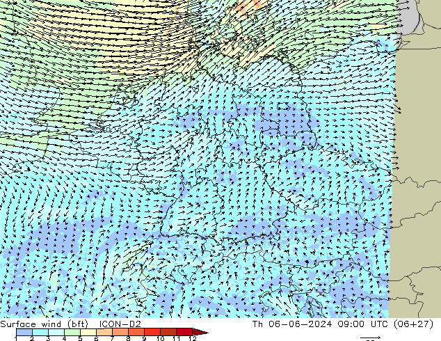Bodenwind (bft) ICON-D2 Do 06.06.2024 09 UTC