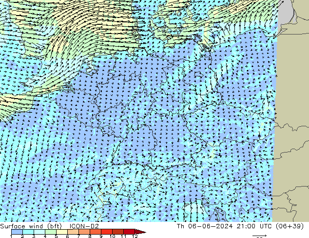  10 m (bft) ICON-D2  06.06.2024 21 UTC