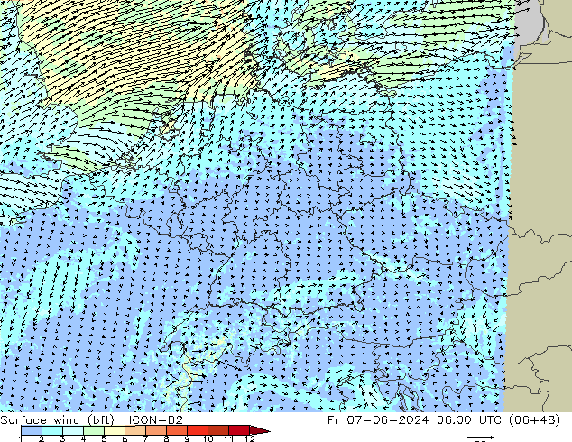 Surface wind (bft) ICON-D2 Fr 07.06.2024 06 UTC