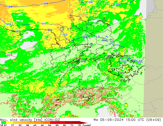 Max. wind snelheid ICON-D2 wo 05.06.2024 15 UTC