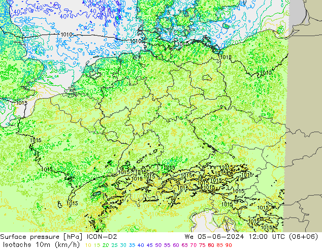 Isotachs (kph) ICON-D2 We 05.06.2024 12 UTC