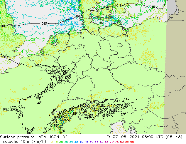 Isotachs (kph) ICON-D2 Fr 07.06.2024 06 UTC