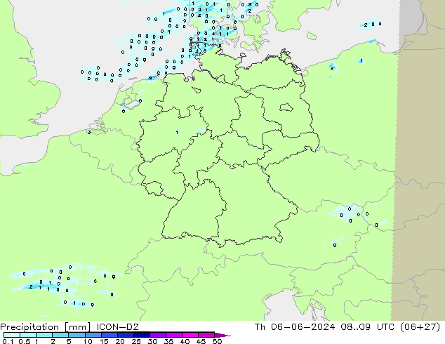 Srážky ICON-D2 Čt 06.06.2024 09 UTC