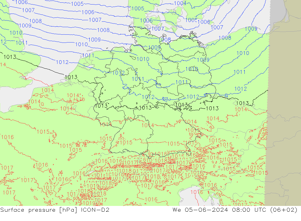 Surface pressure ICON-D2 We 05.06.2024 08 UTC