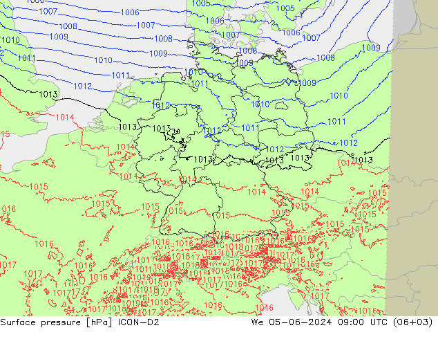 Presión superficial ICON-D2 mié 05.06.2024 09 UTC