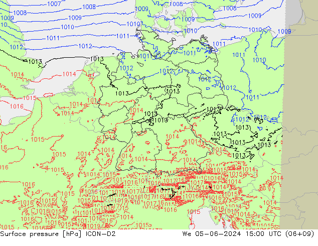 Presión superficial ICON-D2 mié 05.06.2024 15 UTC