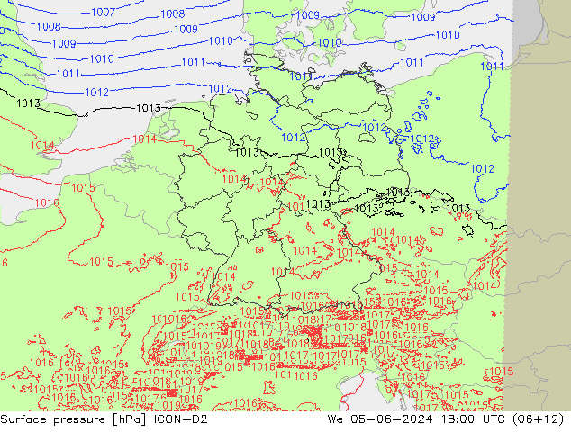 Surface pressure ICON-D2 We 05.06.2024 18 UTC