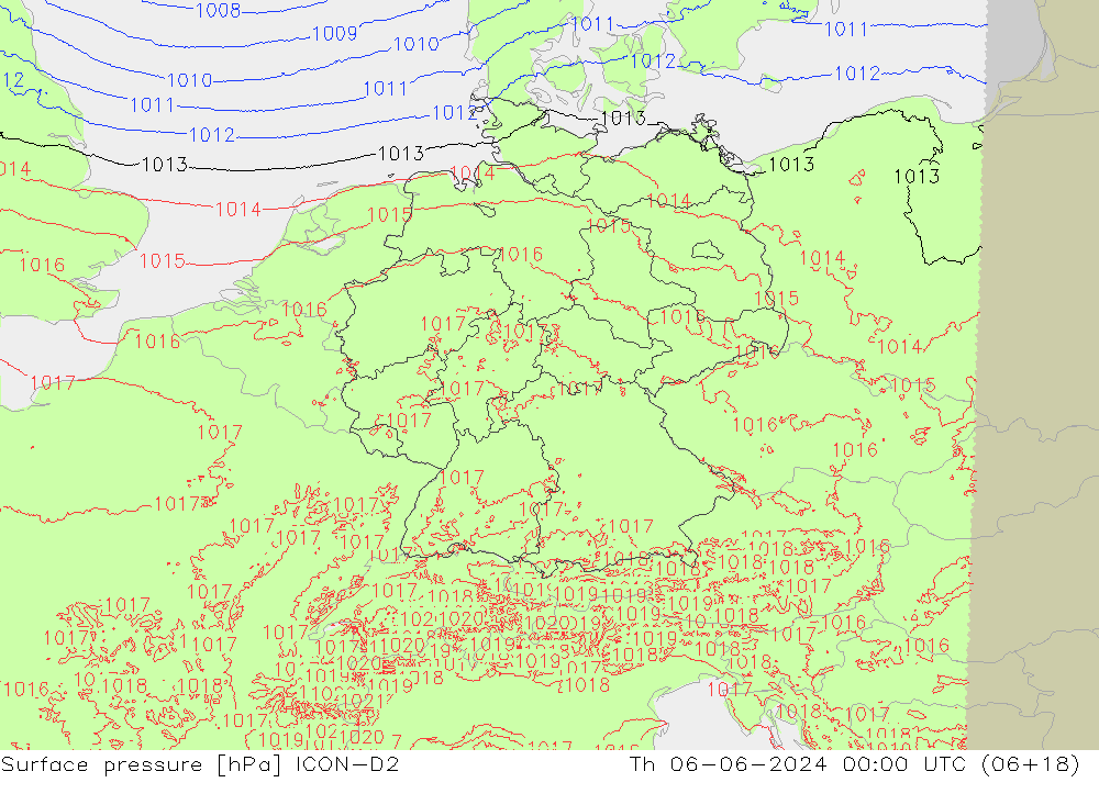 Atmosférický tlak ICON-D2 Čt 06.06.2024 00 UTC