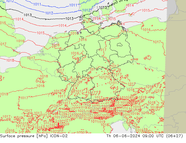 Surface pressure ICON-D2 Th 06.06.2024 09 UTC