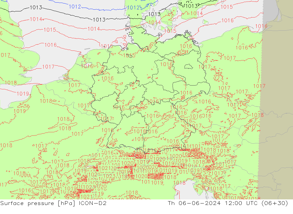 Presión superficial ICON-D2 jue 06.06.2024 12 UTC