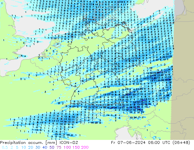 Precipitation accum. ICON-D2 Pá 07.06.2024 06 UTC