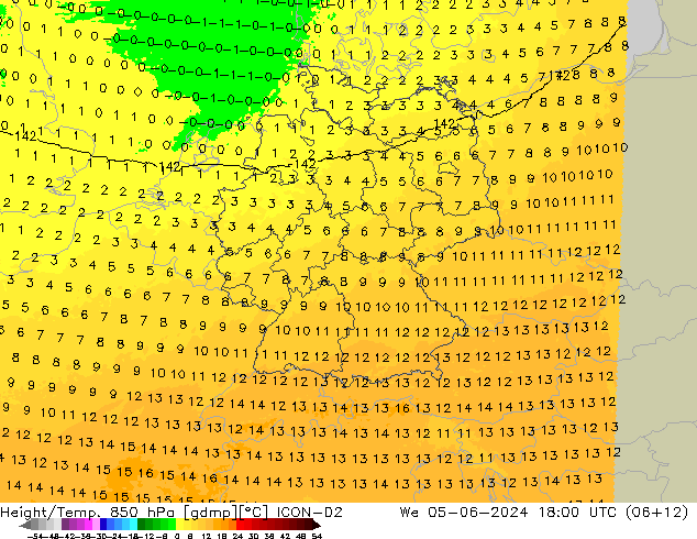 Height/Temp. 850 hPa ICON-D2 We 05.06.2024 18 UTC