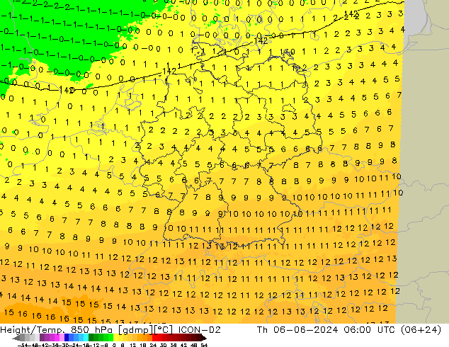 Height/Temp. 850 hPa ICON-D2 czw. 06.06.2024 06 UTC