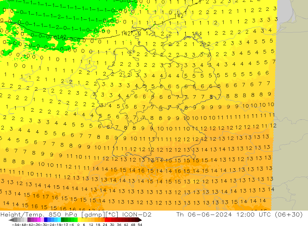 Height/Temp. 850 hPa ICON-D2 Qui 06.06.2024 12 UTC