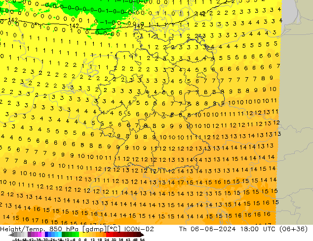 Géop./Temp. 850 hPa ICON-D2 jeu 06.06.2024 18 UTC