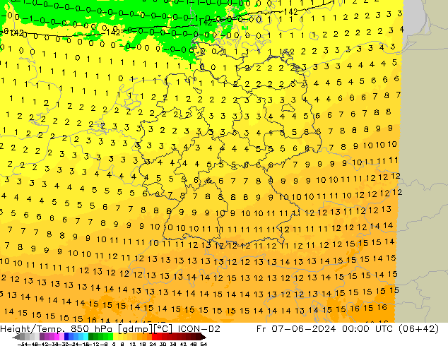 Height/Temp. 850 hPa ICON-D2 Fr 07.06.2024 00 UTC