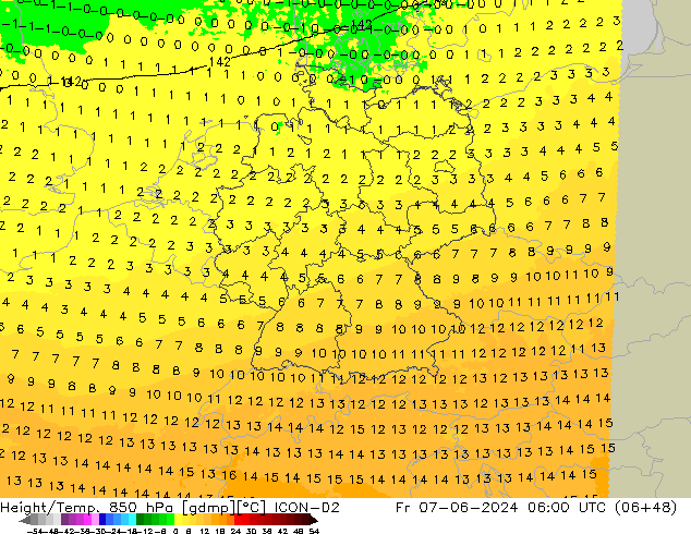 Geop./Temp. 850 hPa ICON-D2 vie 07.06.2024 06 UTC