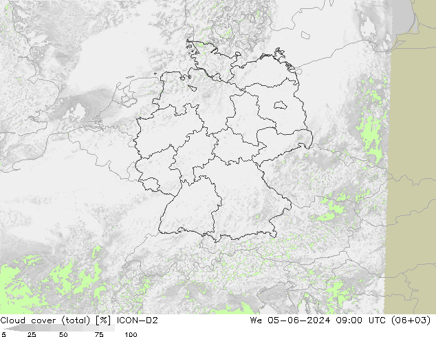 Wolken (gesamt) ICON-D2 Mi 05.06.2024 09 UTC