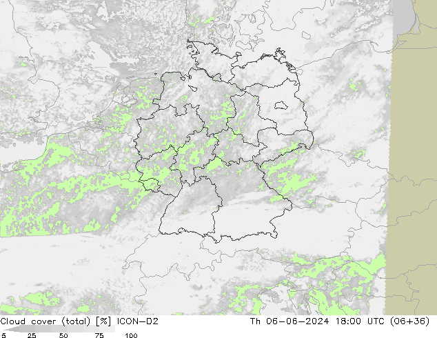 Cloud cover (total) ICON-D2 Th 06.06.2024 18 UTC