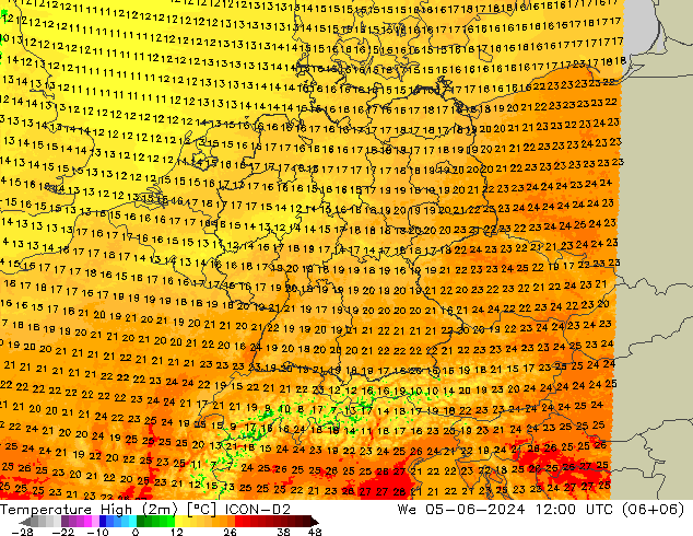 Temperature High (2m) ICON-D2 We 05.06.2024 12 UTC