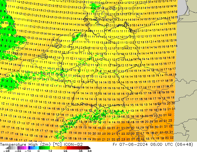 température 2m max ICON-D2 ven 07.06.2024 06 UTC