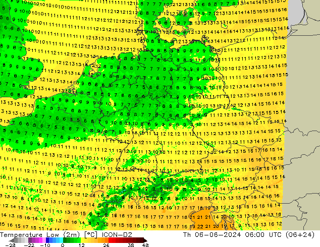 Темпер. мин. (2т) ICON-D2 чт 06.06.2024 06 UTC