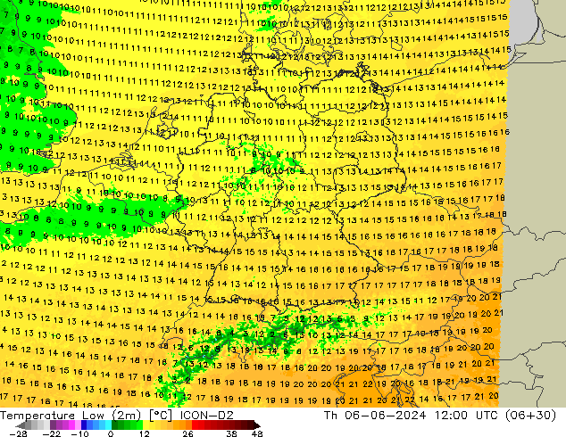 temperatura mín. (2m) ICON-D2 Qui 06.06.2024 12 UTC