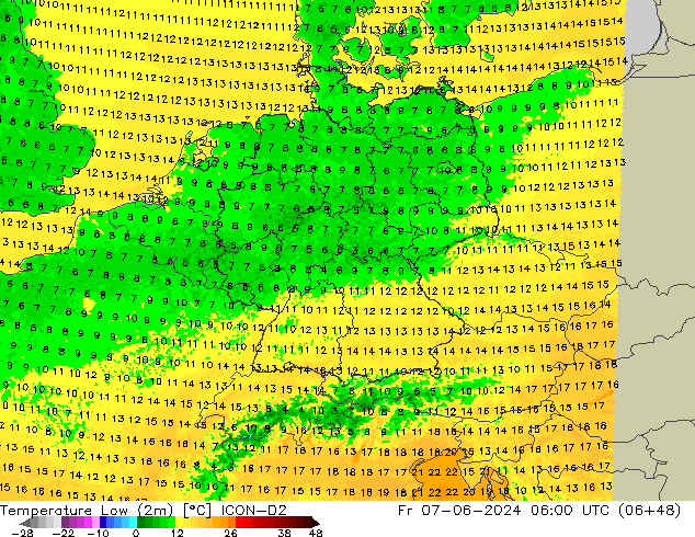 Min.temperatuur (2m) ICON-D2 vr 07.06.2024 06 UTC