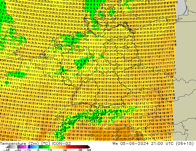 Sıcaklık Haritası (2m) ICON-D2 Çar 05.06.2024 21 UTC