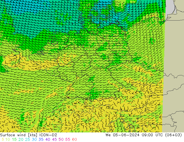 Vent 10 m ICON-D2 mer 05.06.2024 09 UTC