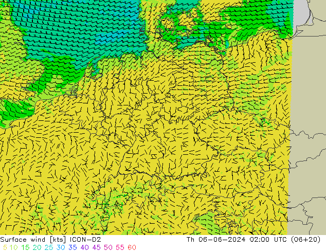 Viento 10 m ICON-D2 jue 06.06.2024 02 UTC