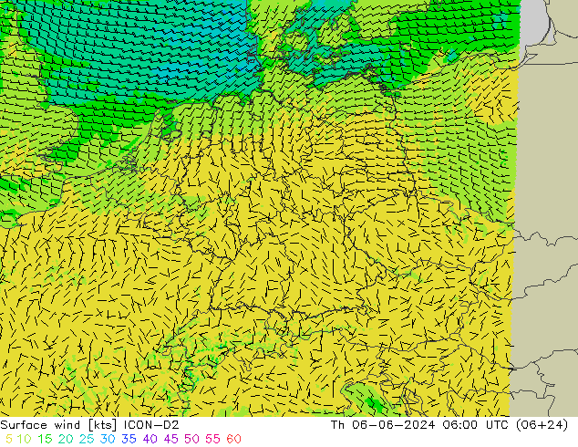 Vento 10 m ICON-D2 gio 06.06.2024 06 UTC