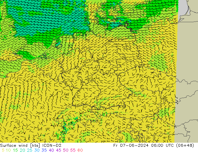 Surface wind ICON-D2 Fr 07.06.2024 06 UTC