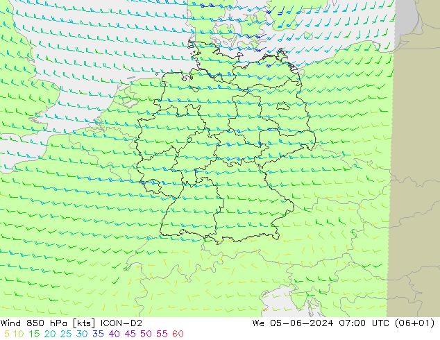 Wind 850 hPa ICON-D2 Mi 05.06.2024 07 UTC