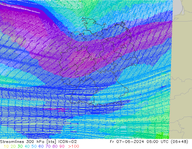 Streamlines 300 hPa ICON-D2 Pá 07.06.2024 06 UTC