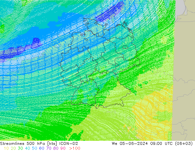 Stromlinien 500 hPa ICON-D2 Mi 05.06.2024 09 UTC