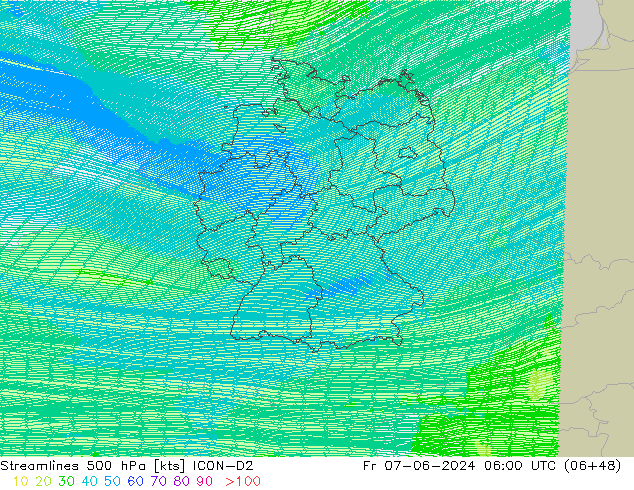 Streamlines 500 hPa ICON-D2 Fr 07.06.2024 06 UTC