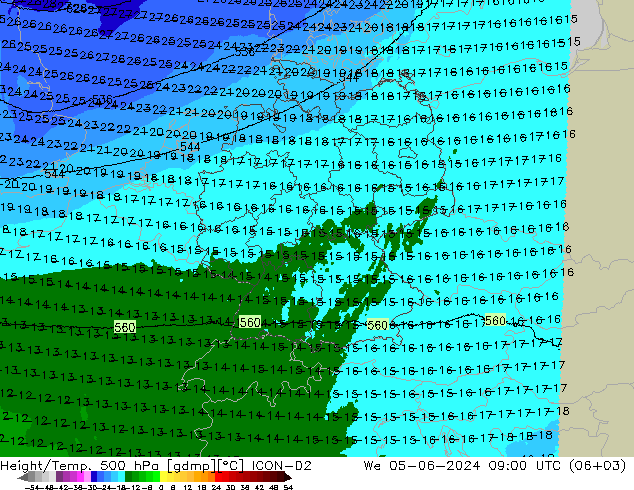 Height/Temp. 500 hPa ICON-D2 Mi 05.06.2024 09 UTC