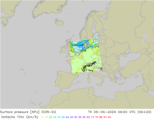 Isotaca (kph) ICON-D2 jue 06.06.2024 06 UTC