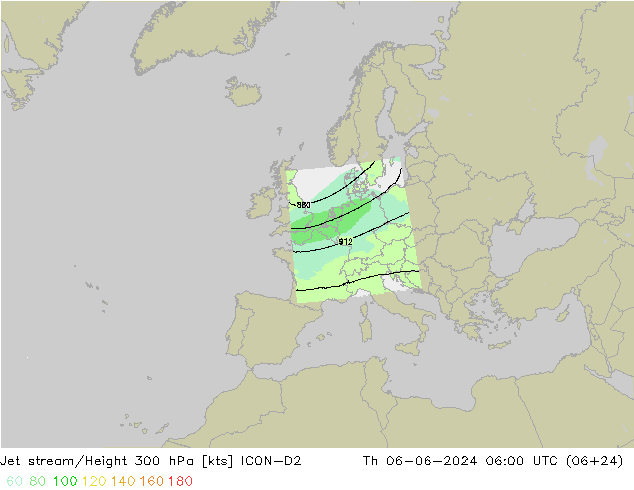 Corriente en chorro ICON-D2 jue 06.06.2024 06 UTC