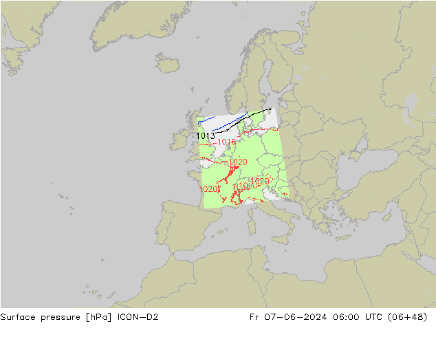 Presión superficial ICON-D2 vie 07.06.2024 06 UTC