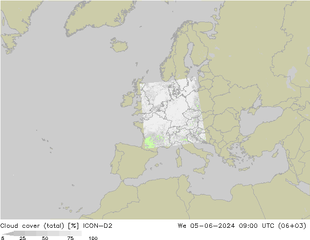 Cloud cover (total) ICON-D2 We 05.06.2024 09 UTC